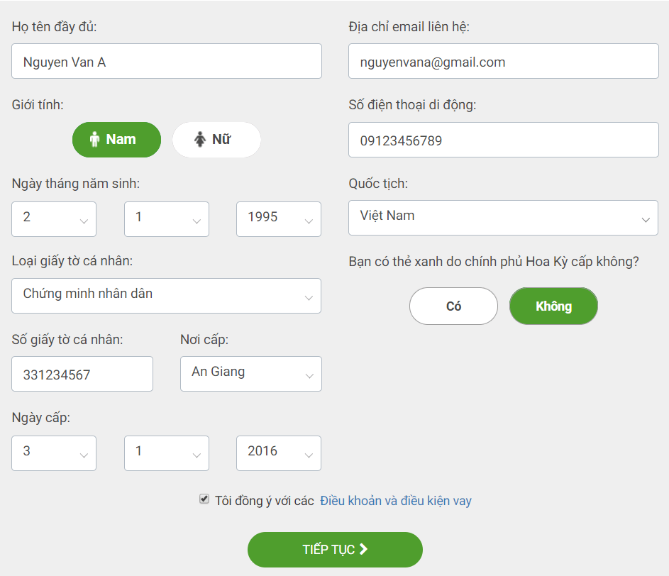 Điền thông tin cá nhân trên giao diện vay tiền VPbank